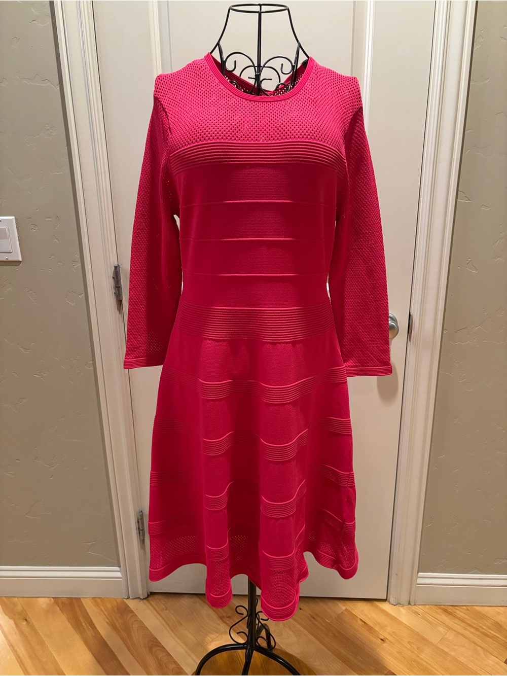 Vince Camuto Hot Pink Textured Fit-and-Flare Long Sleeve Dress